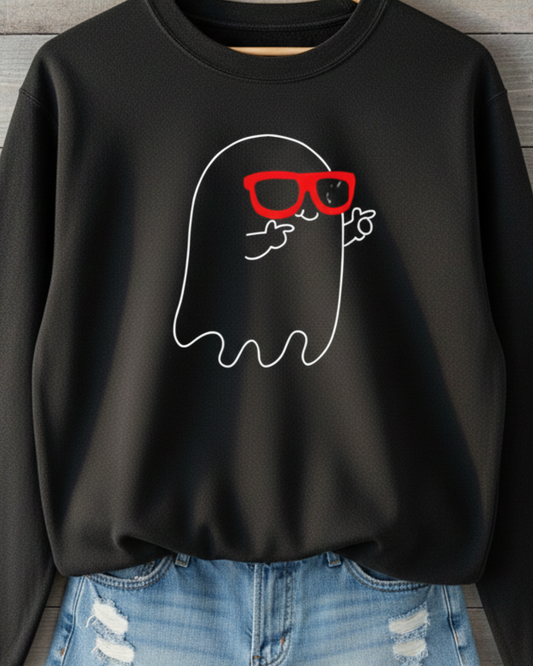 Unisex Cute Ghost Graphic Black Sweatshirt – Funny Halloween Pullover for Men & Women