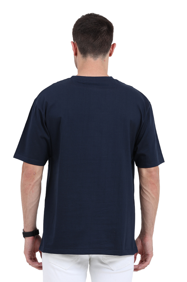 Unisex Oversized Standard Printed Round Neck Cotton T-Shirt-Navy Blue Color-White Bear