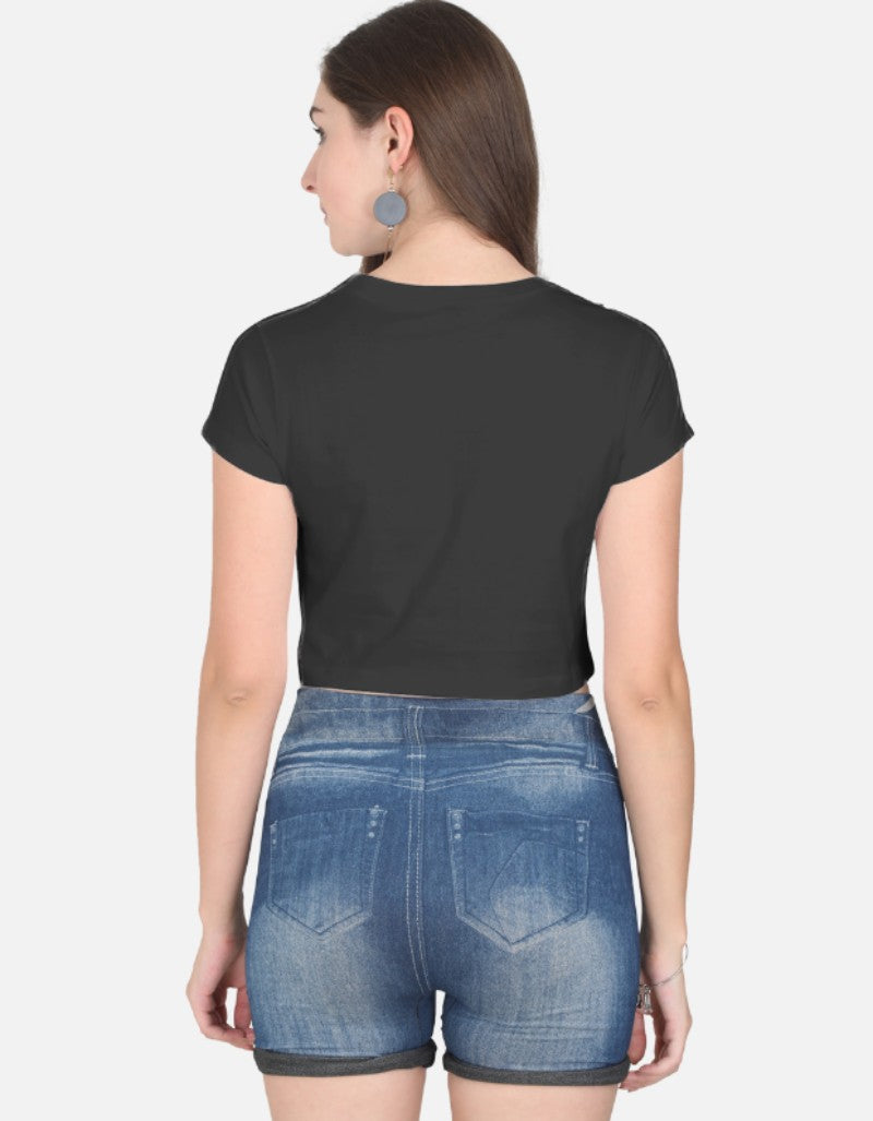 Women solid Crop Top-Black color-White Bear