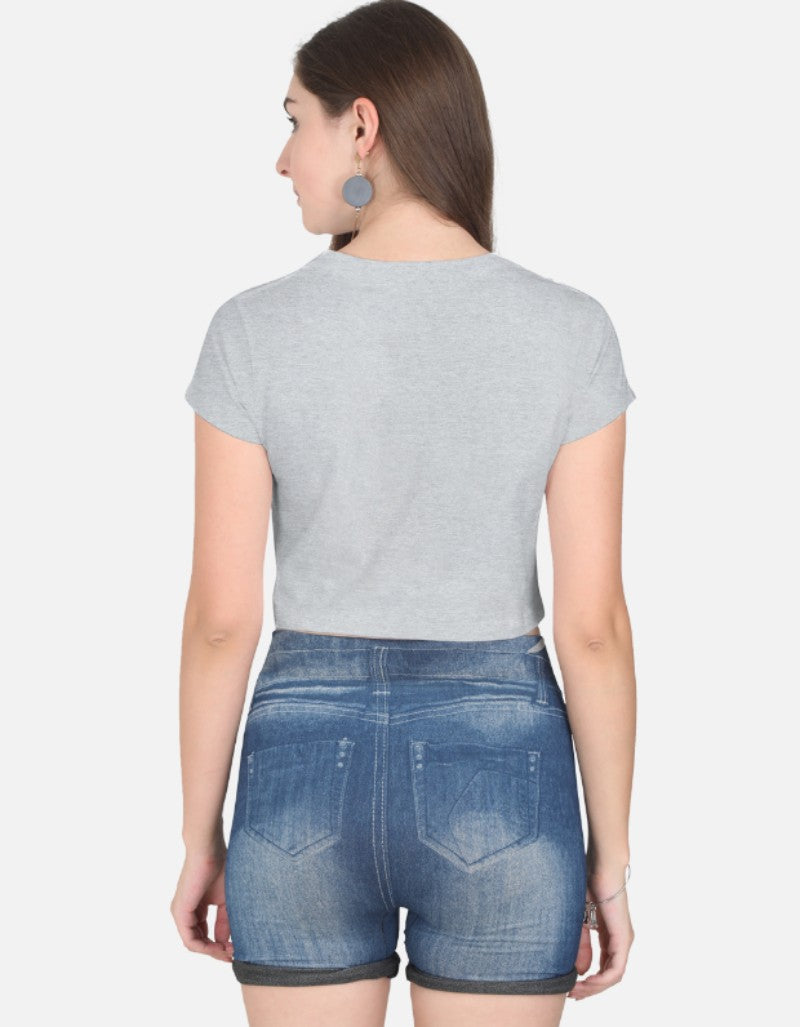 Women solid Crop Top-Grey color-White Bear