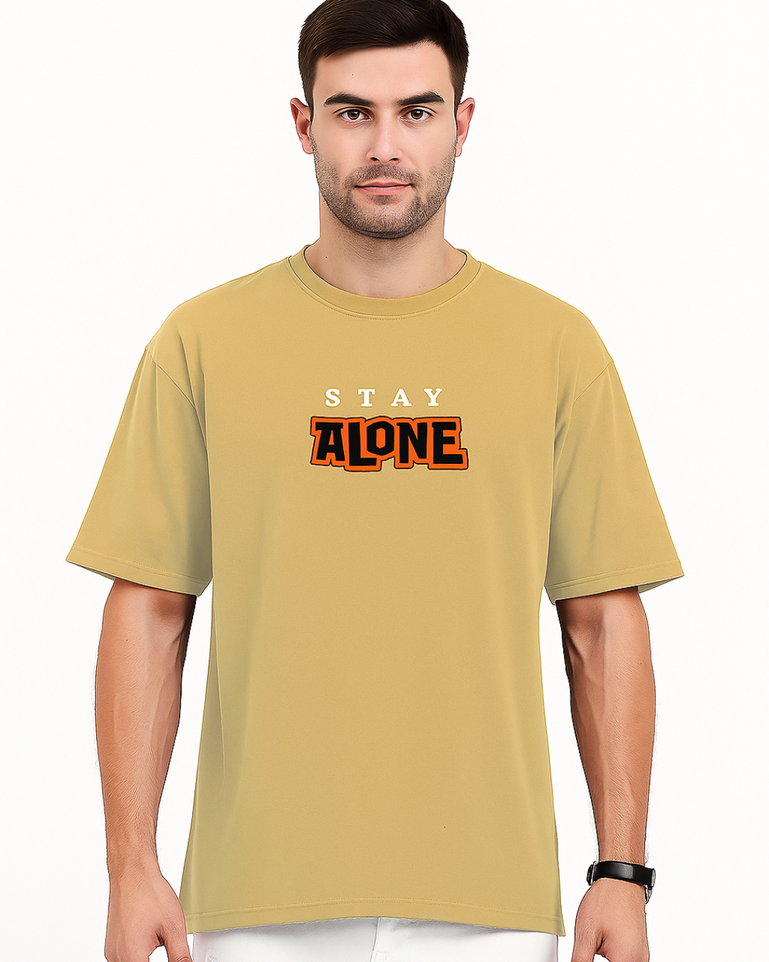 Unisex Oversized Standard Printed Round Neck Cotton T-Shirt-BEIGE Color-White Bear