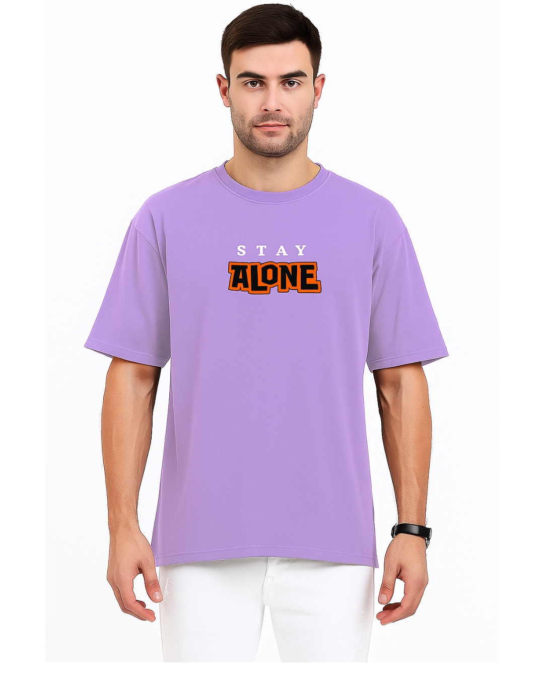 Unisex Oversized Standard Printed Round Neck Cotton T-Shirt-LAVENDER Color-White Bear