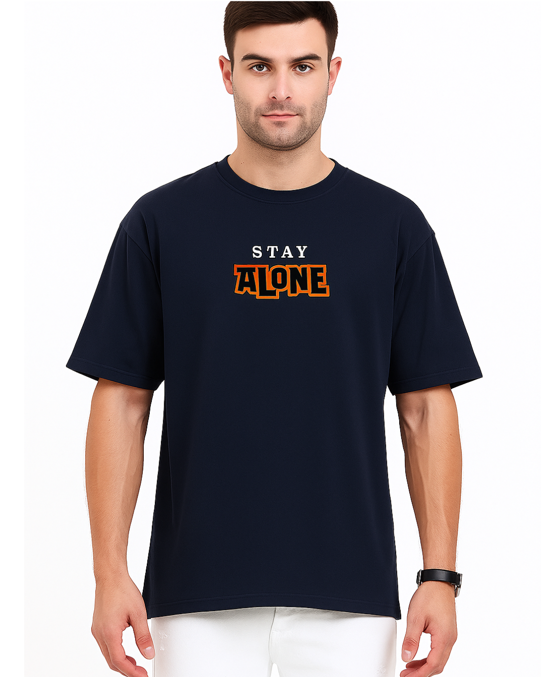 Unisex Oversized Standard Printed Round Neck Cotton T-Shirt-NAVY BLUE Color-White Bear