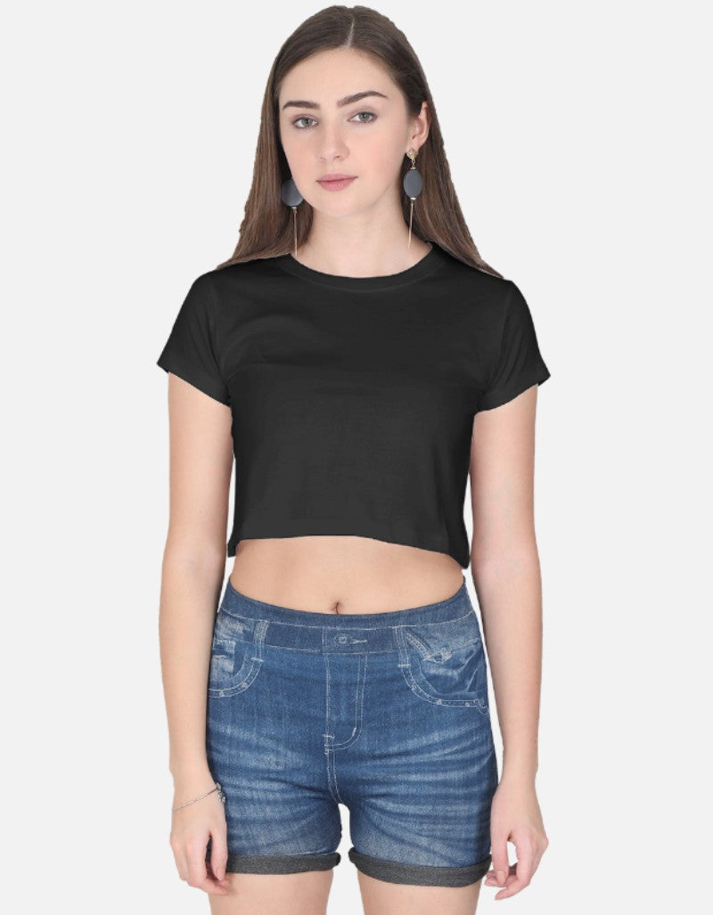 Women solid Crop Top-Black color-White Bear