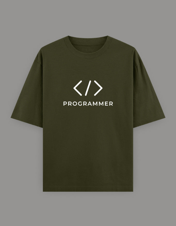 Unisex Oversized Printed T-Shirt for Programmers - Olive Green Color -White Bear