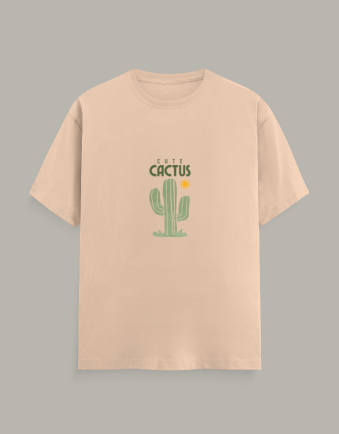 Women Cactus Printed T-Shirt-Peach Color- White Bear