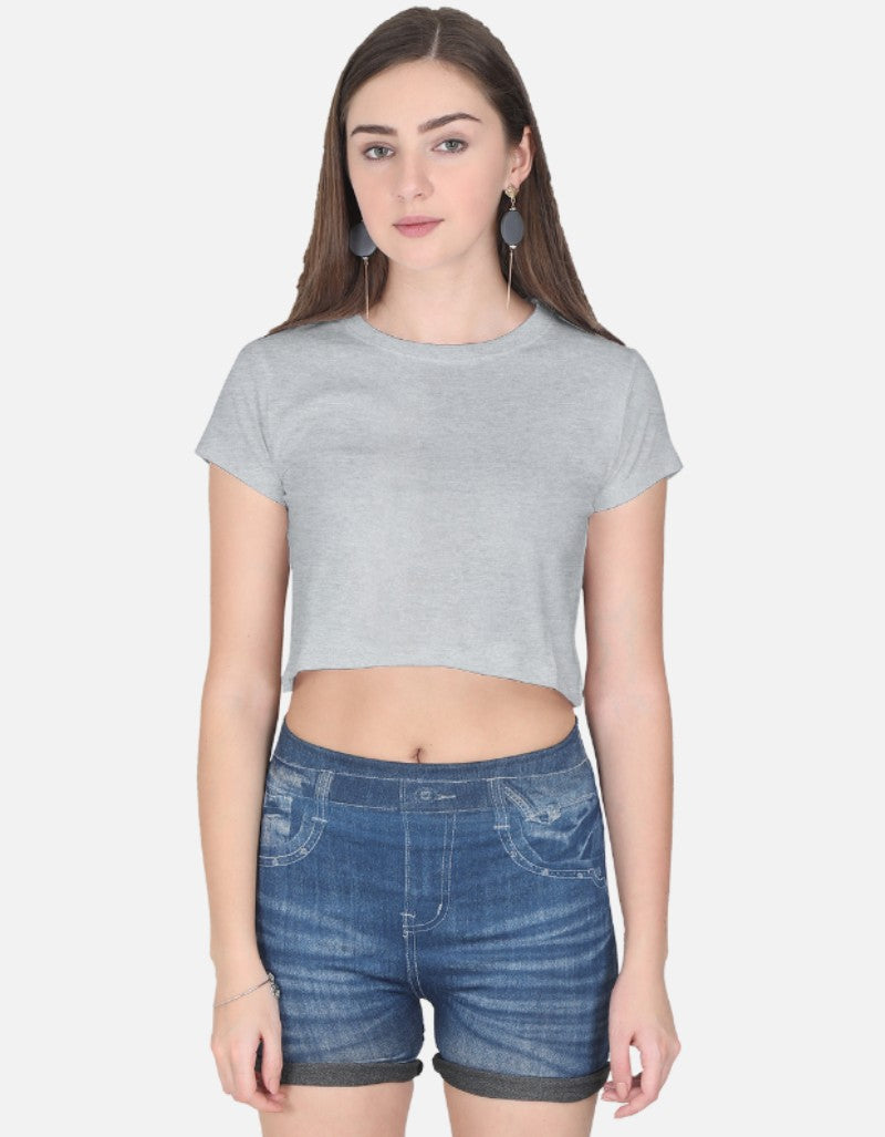 Women solid Crop Top-Grey color-White Bear