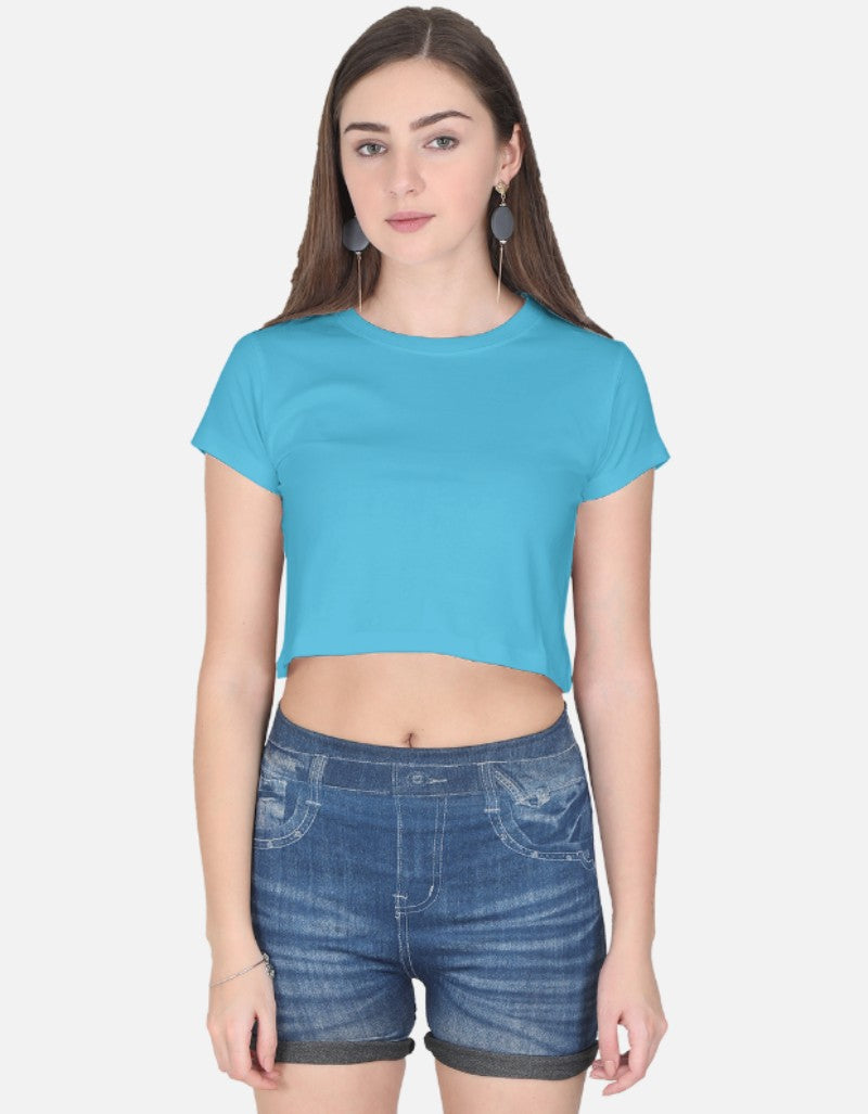 Women solid Crop Top-Blue color-White Bear