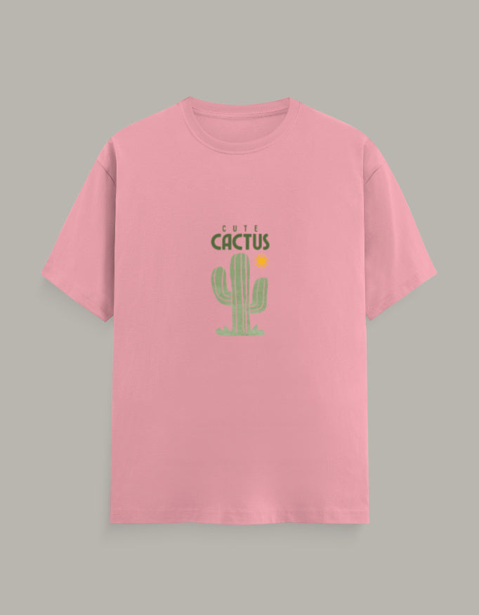 Women Cactus Printed T-Shirt-Flamingo Color- White Bear