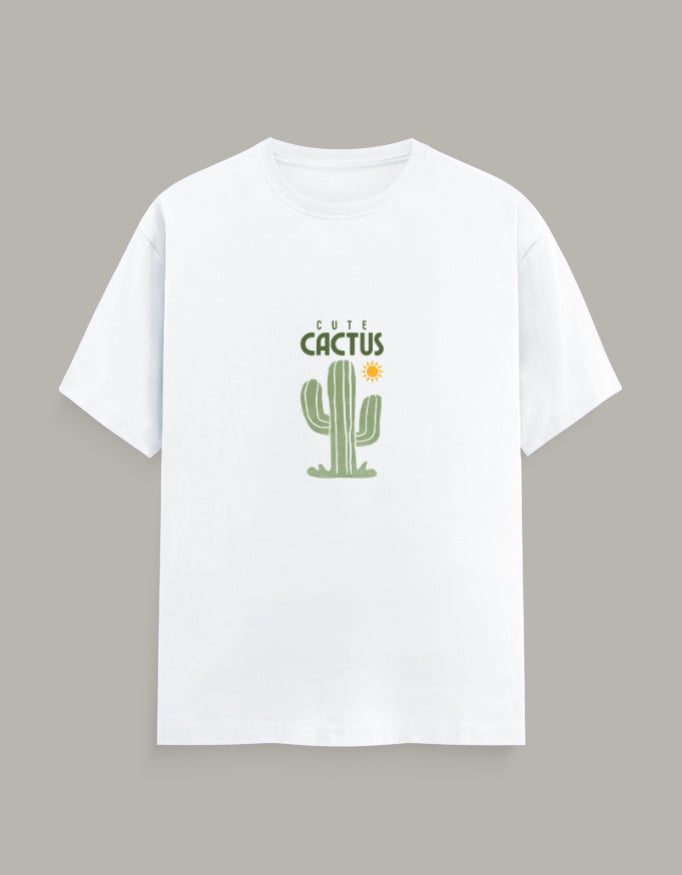 Women Cactus Printed T-Shirt-White Color- White Bear