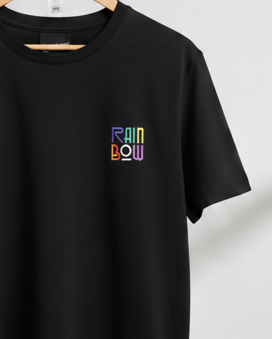 Black t-shirt with 'RAINBOW' in colorful letters on a white background