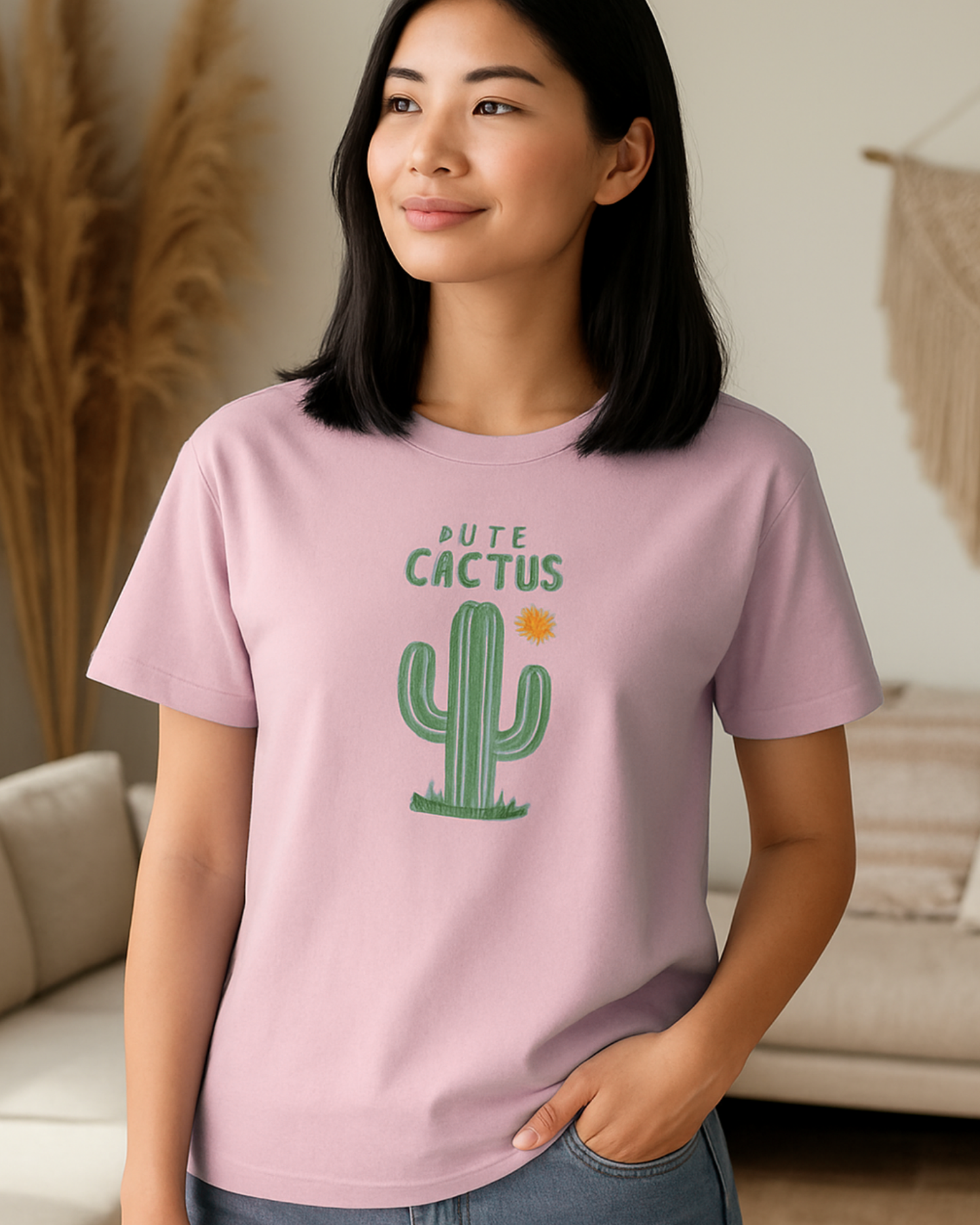 Woman wearing a pink t-shirt with a cactus graphic and text in a living room.
