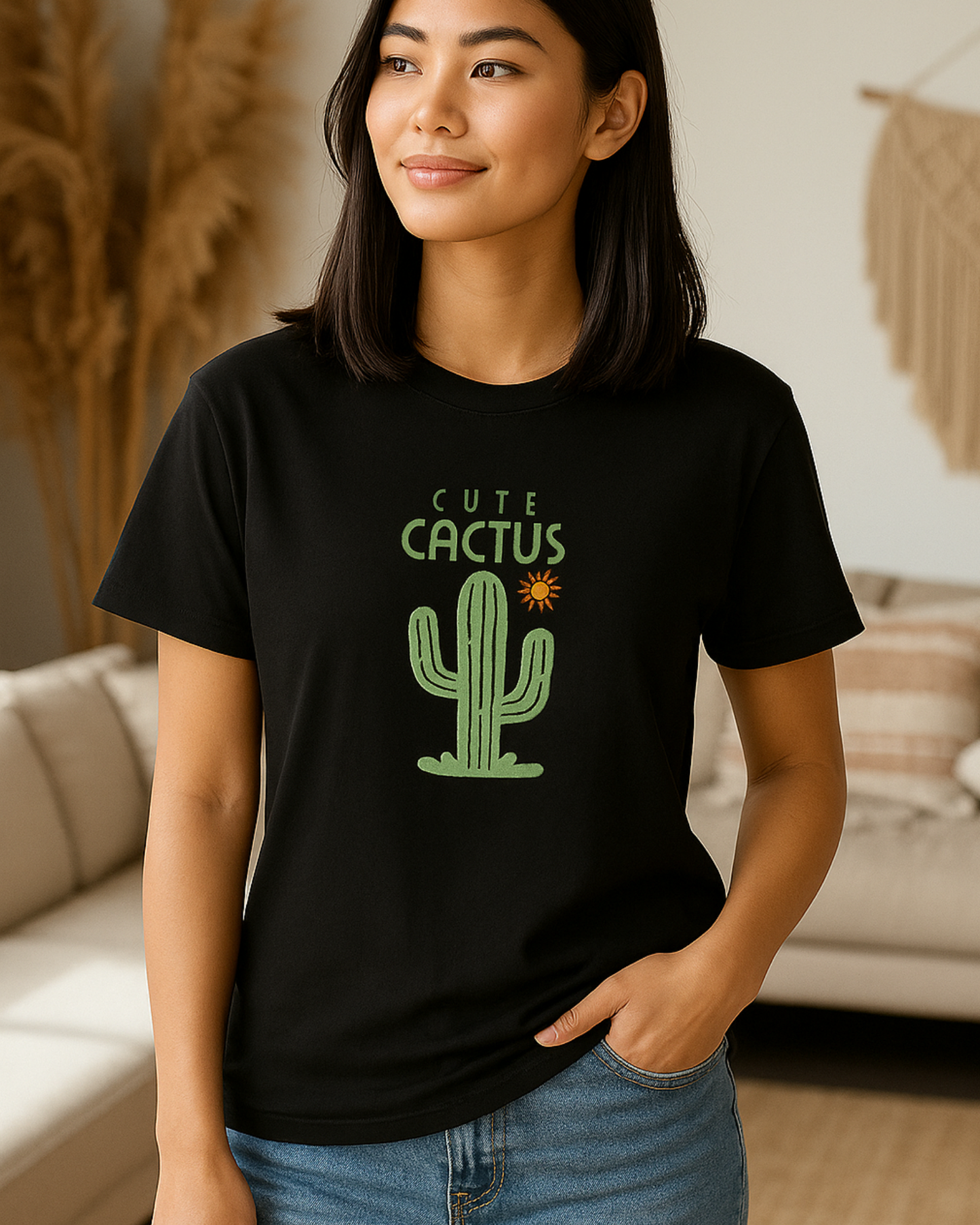 Woman wearing a black t-shirt with a green cactus graphic and text indoors.