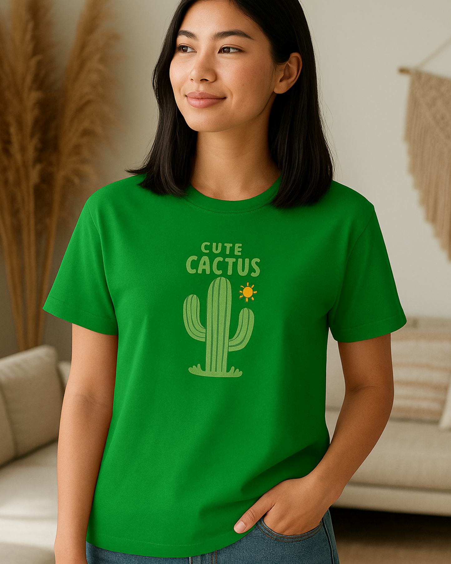 Person wearing a green t-shirt with a cactus graphic and text.