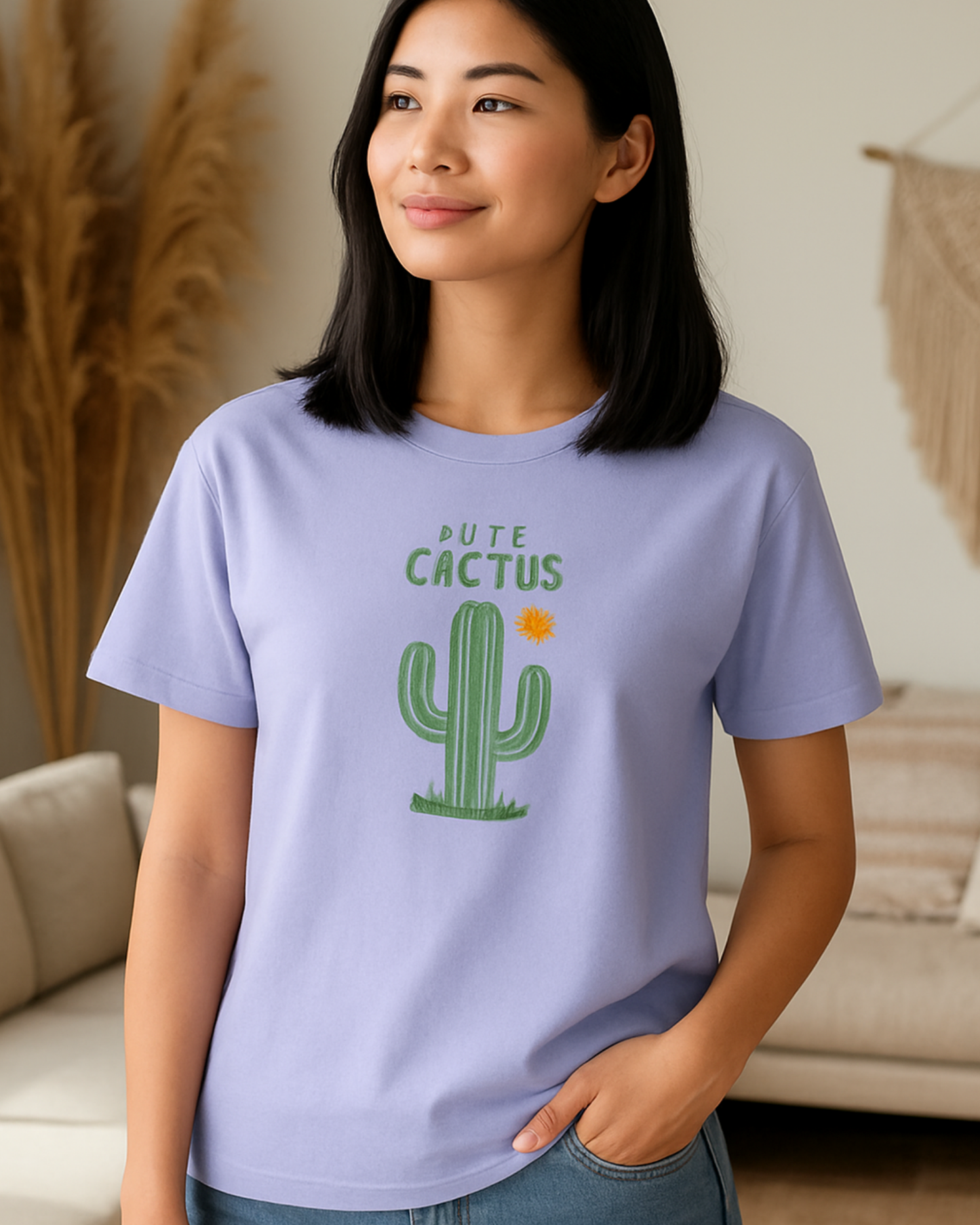 Woman wearing a lavender t-shirt with a cactus graphic and text in a living room.