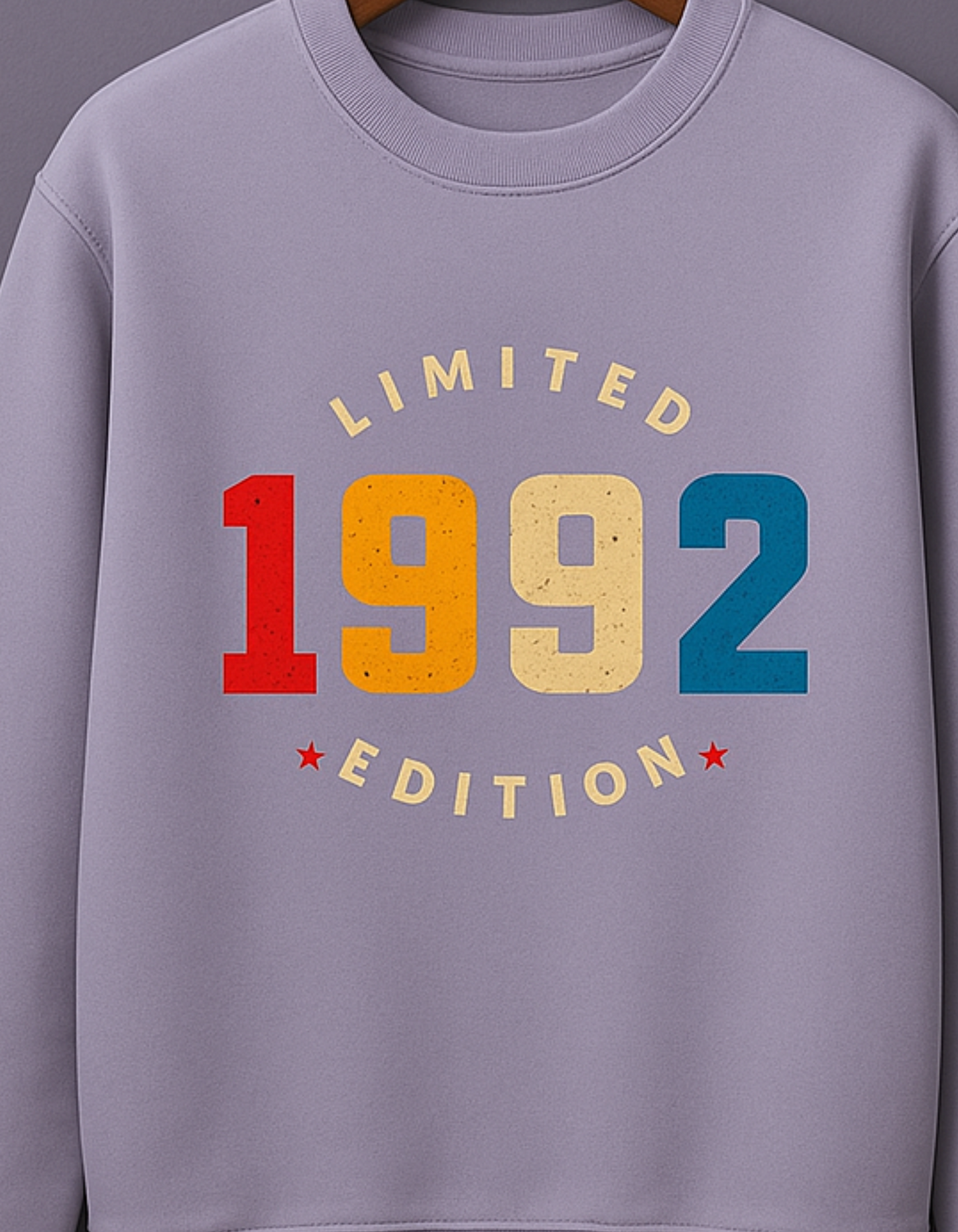 lavender sweatshirt with 'LIMITED 1992 EDITION' text