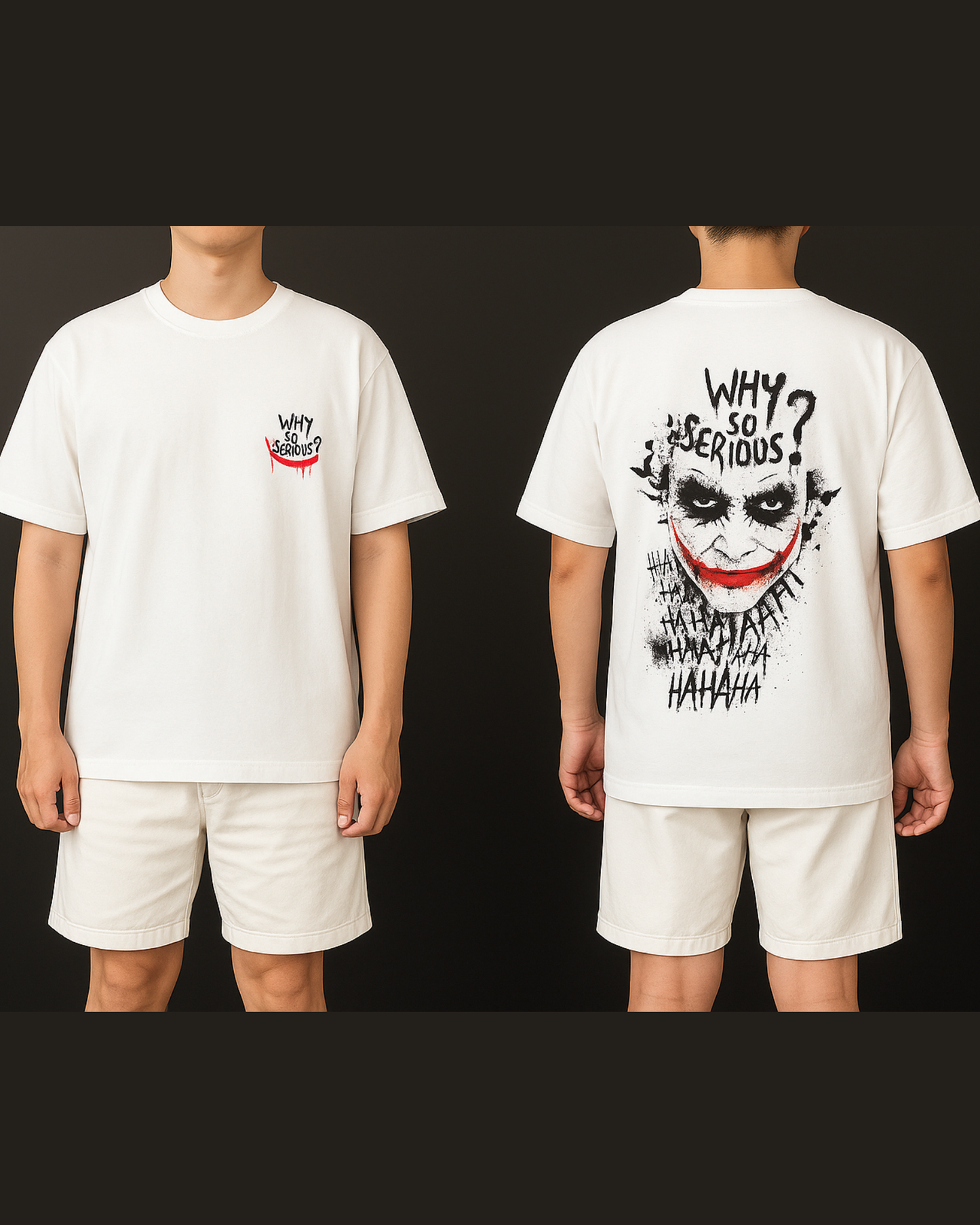 White t-shirt with Joker graphic on front and back