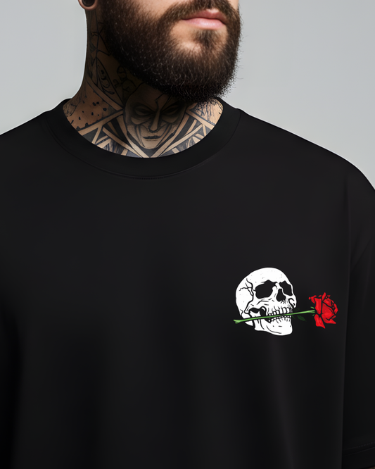 Black sweatshirt with a skull and red rose design on a gray background