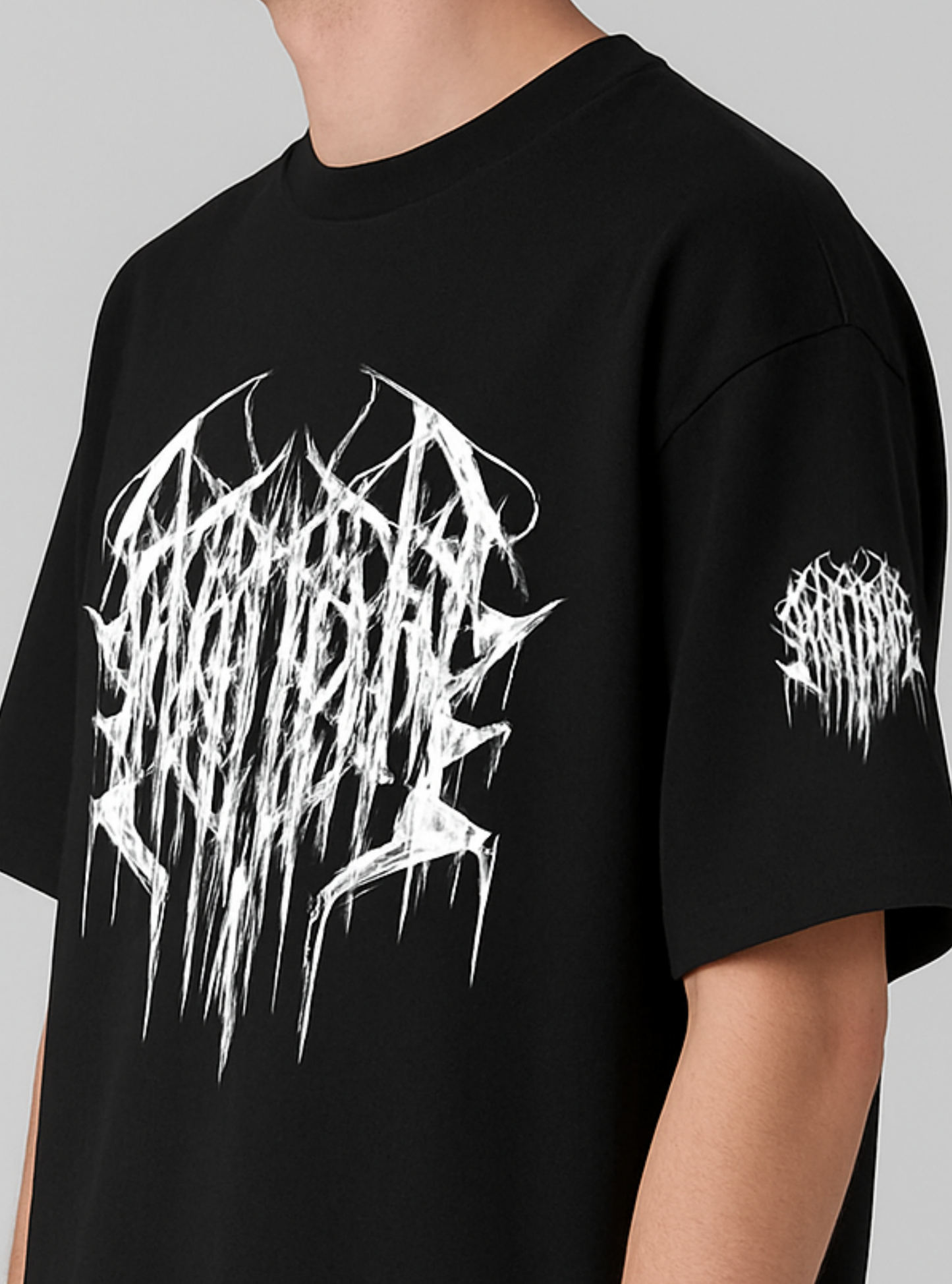 Black t-shirt with white graphic design