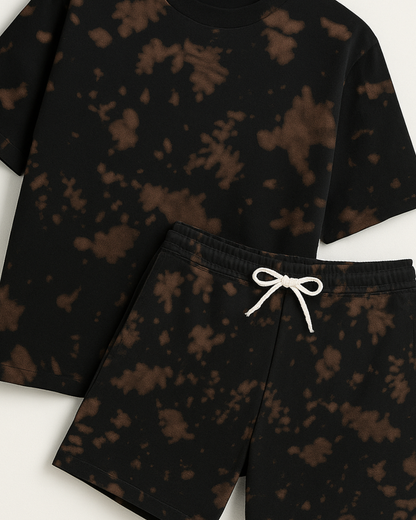 Brown Green Tie-Dye Lounge Set | Unisex Oversized T-Shirt & Shorts