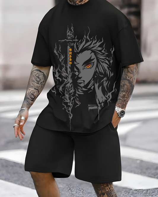 Trendy men’s oversized black anime graphic t-shirt with bold fiery character print– urban streetwear style
