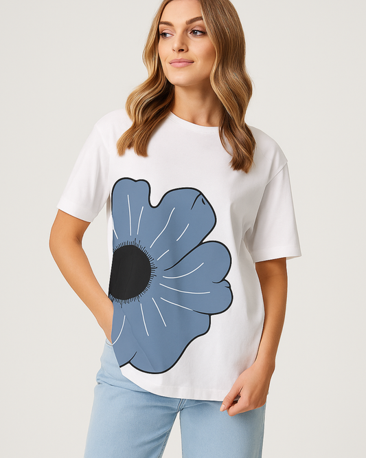 Women’s White T-Shirt with Blue Floral Print – Casual Outfit