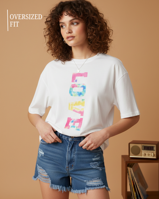 Women's Oversized White "LOVE" Graphic T-Shirt - Summer Streetwear Style