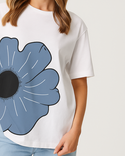 Women’s White T-Shirt with Blue Floral Print – Casual Outfit