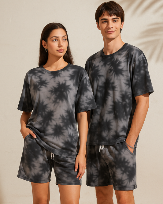 Black Tie-Dye Lounge Set | Unisex Oversized T-Shirt & Shorts