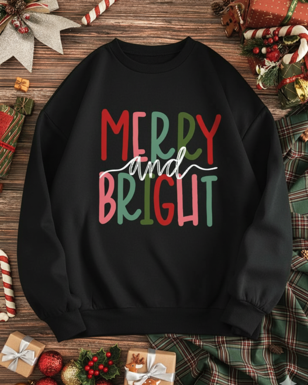 Unisex Oversized Merry and Bright Christmas Sweatshirt – Festive Unisex Holiday Sweatshirt
