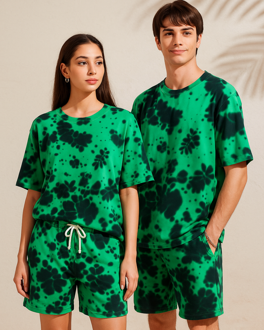 Green Tie-Dye Lounge Set | Unisex Oversized T-Shirt & Shorts