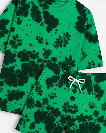 Green Tie-Dye Lounge Set | Unisex Oversized T-Shirt & Shorts