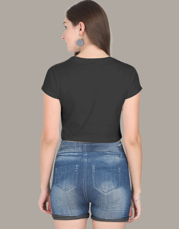 Casual Regular Sleeves Printed Women Crop Top-Black Color- White Bear