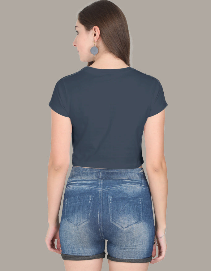 Casual Regular Sleeves Printed Women Crop Top-Navy Blue Color- White Bear