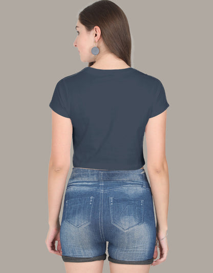 Casual Regular Sleeves Printed Women Crop Top-Navy Blue Color- White Bear