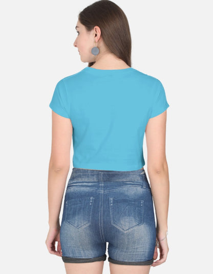 Women solid Crop Top-Blue color-White Bear