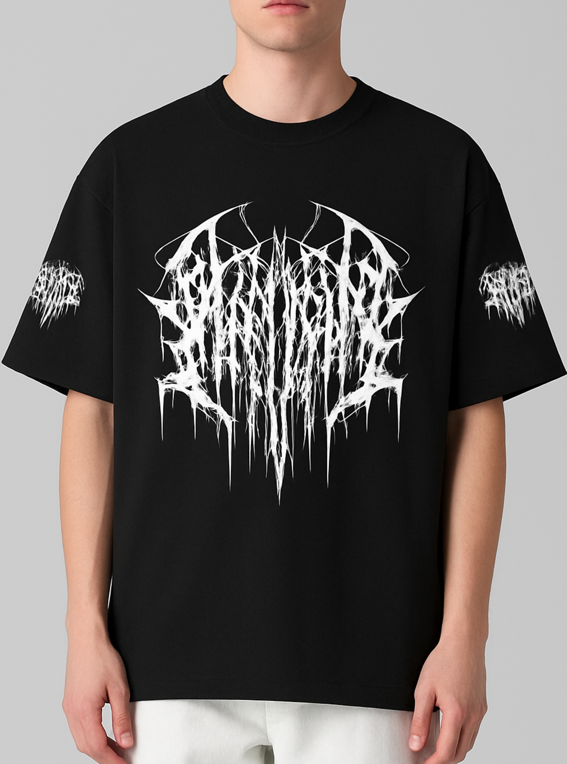 Black t-shirt with white graphic design