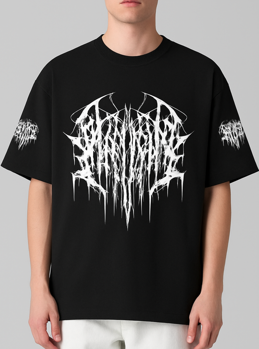 Black t-shirt with white graphic design
