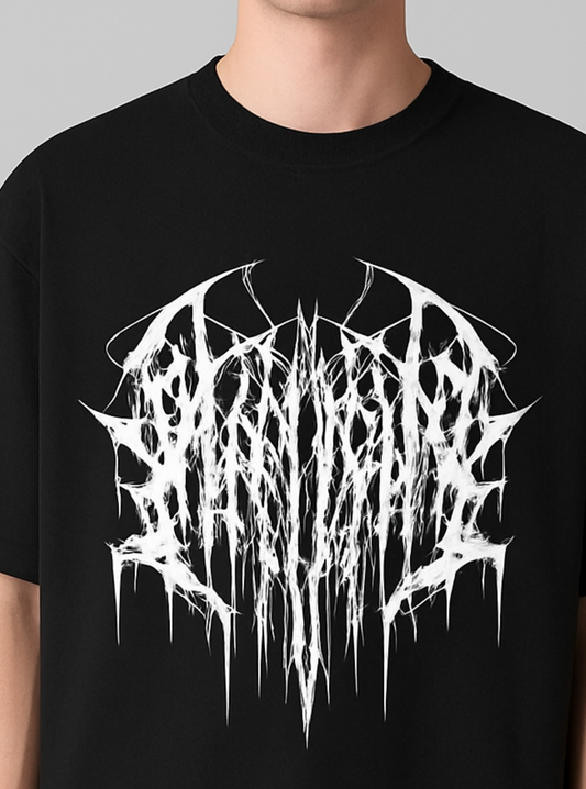Black t-shirt with white graphic design 