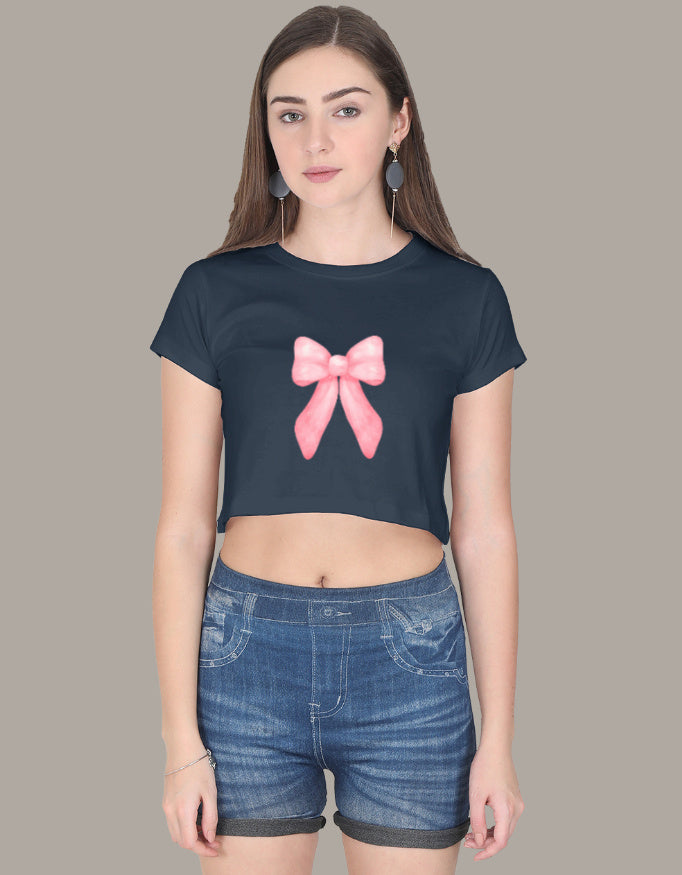 Casual Regular Sleeves Printed Women Crop Top-Navy Blue Color- White Bear