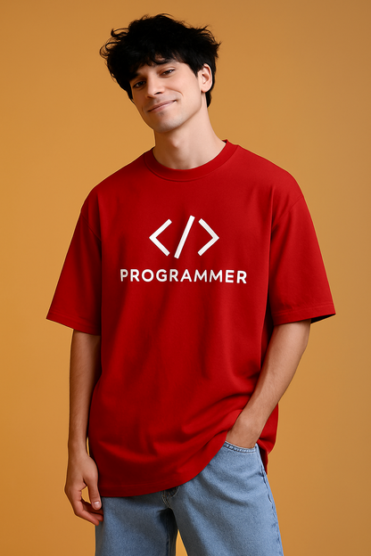 Unisex Oversized Printed T-Shirt for Programmers - Red Color -White Bear