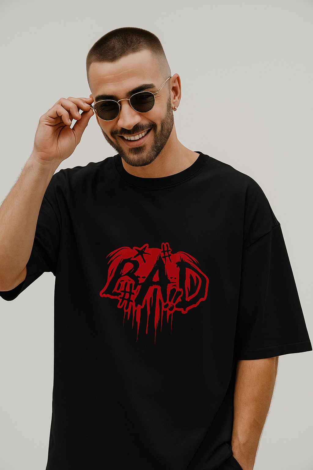 Unisex Terry Oversized Printed T-shirt-Black Color-White Bear