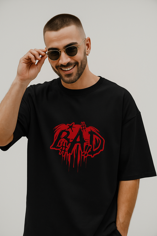 Unisex Terry Oversized Printed T-shirt-Black Color-White Bear
