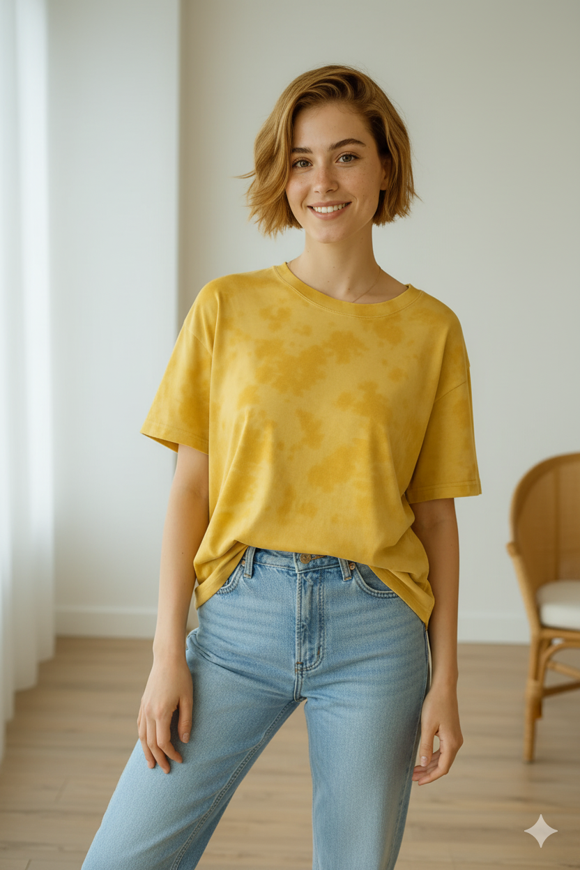 Men & Women Tie Dye Oversized T-Shirt-Yellow Color- White Bear