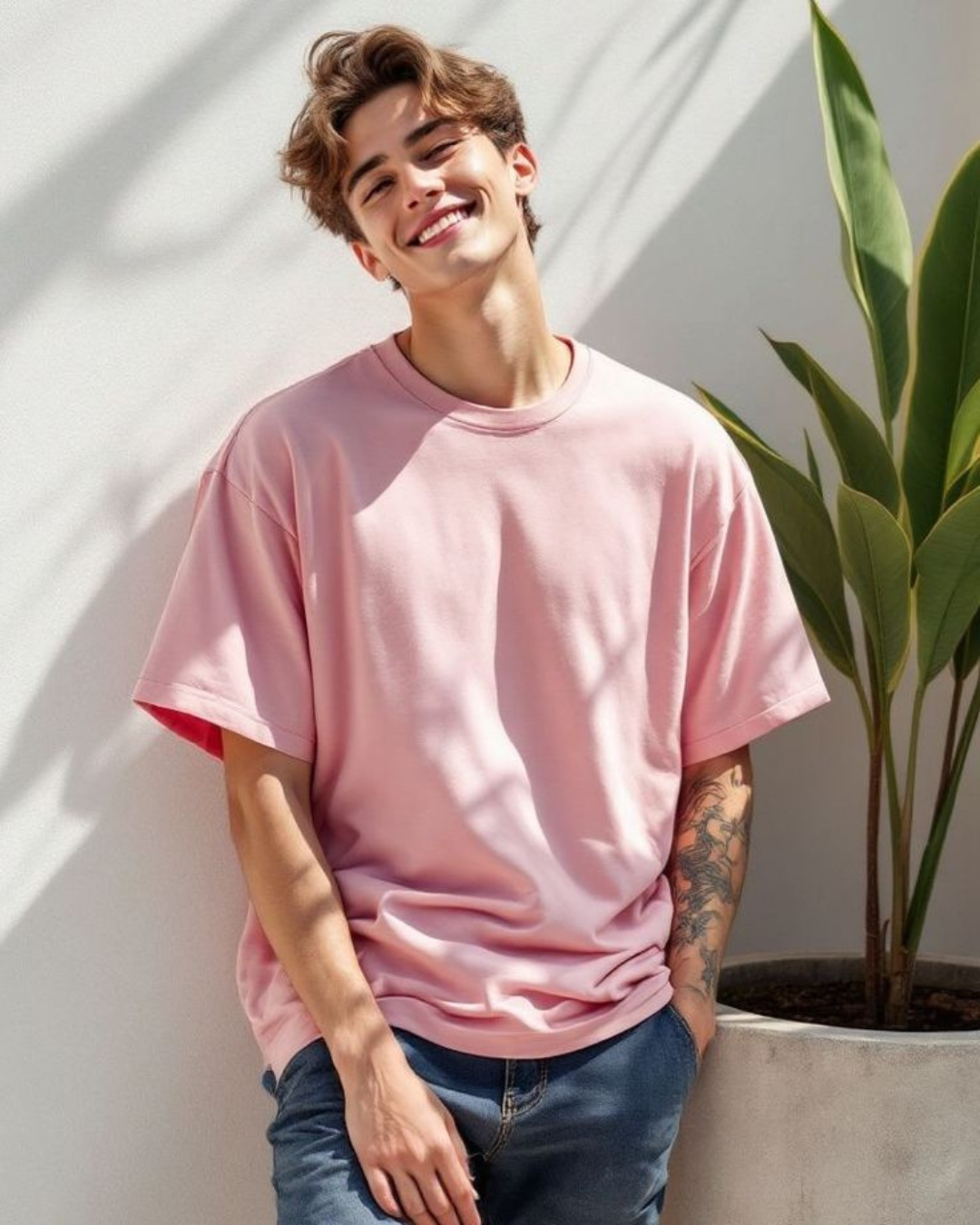Men's classic crew neck t-shirt in baby pink, front view, White Bear solid tee