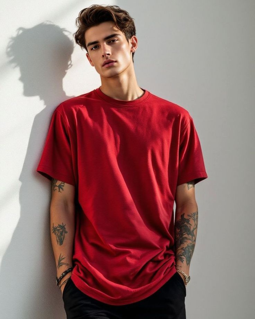 Men_s_classic_crew_neck_t-shirt_in_red_front_view_White_Bear_solid_tee
