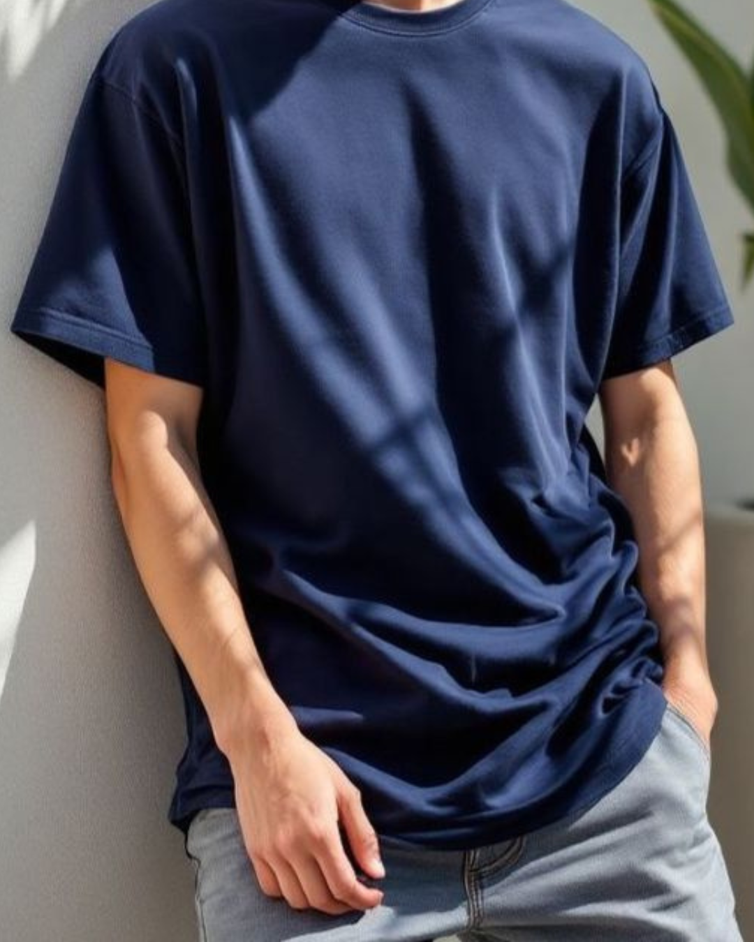 Men's classic crew neck t-shirt in royal blue, front view closer look, White Bear solid tee
