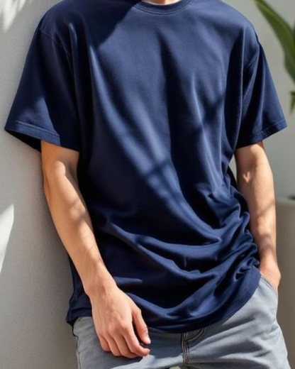 Men's classic crew neck t-shirt in royal blue, front view closer look, White Bear solid tee
