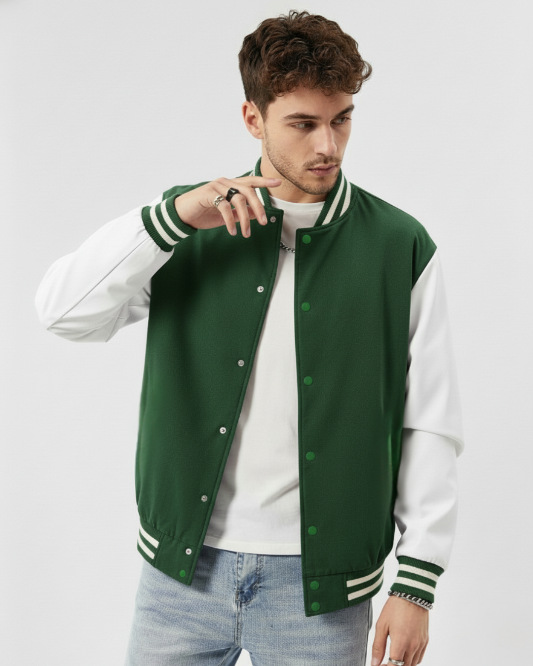 Mens-Classic-Varsity-Jacket-green-White-Outerwear