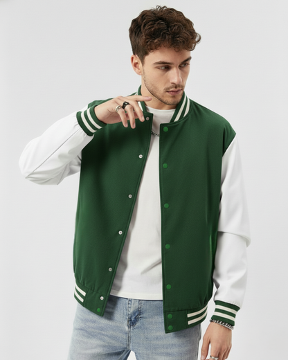 Mens-Classic-Varsity-Jacket-green-White-Outerwear